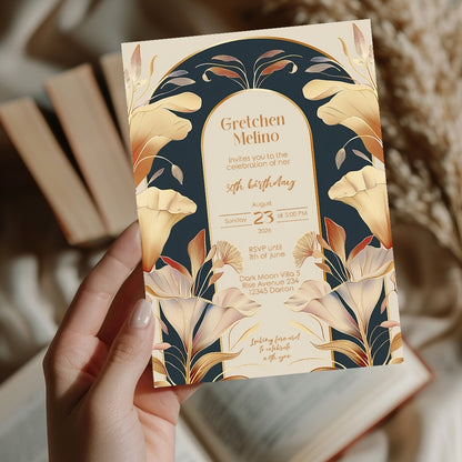 Art Nouveau Birthday Invitation with Gold and Navy Floral Design