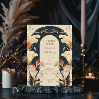 Art Nouveau Birthday Invitation with Gold and Navy Floral Design
