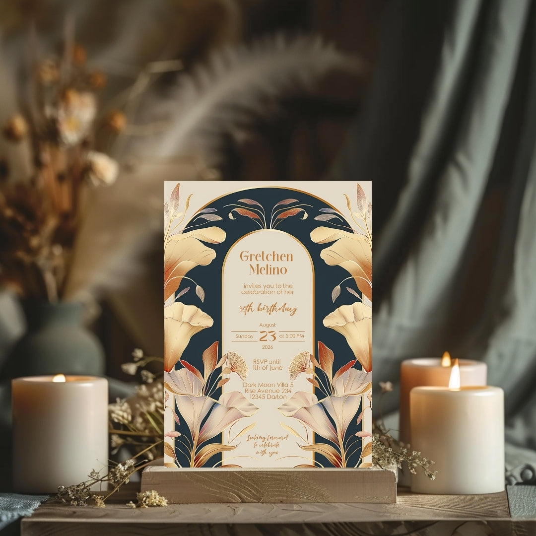 Art Nouveau Birthday Invitation with Gold and Navy Floral Design