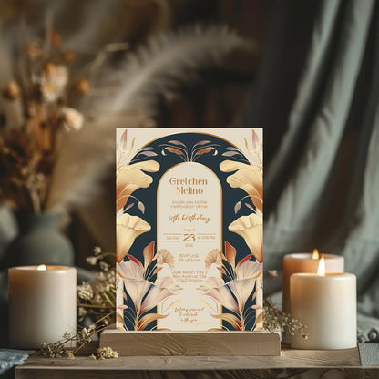 Art Nouveau Birthday Invitation with Gold and Navy Floral Design