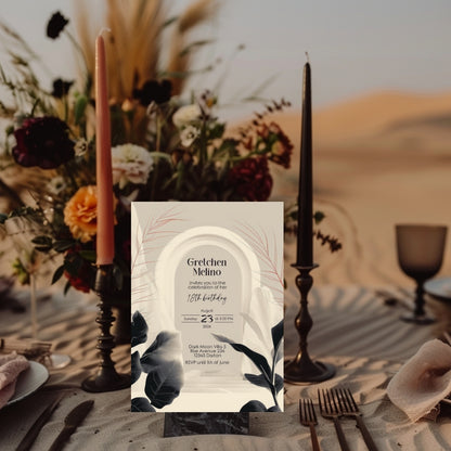 White Desert Minimalist Birthday Invitation - Black and White with Subtle Red Accents