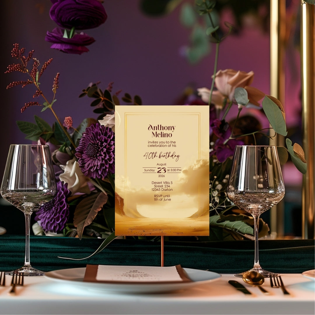 Golden Oasis Birthday Invitation - Serene Desert Design for Special Celebrations
