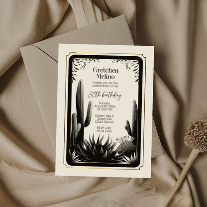 Desert Noir Birthday Invitation - Elegant Black and White Botanical Design