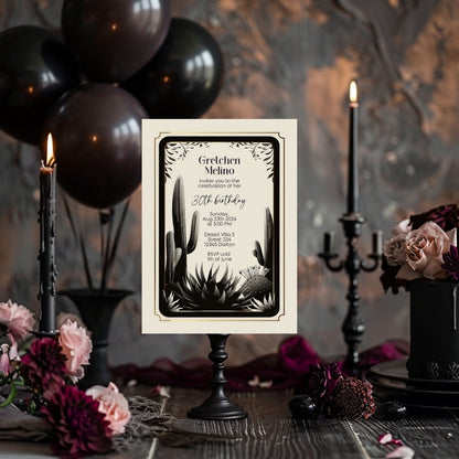 Desert Noir Birthday Invitation - Elegant Black and White Botanical Design