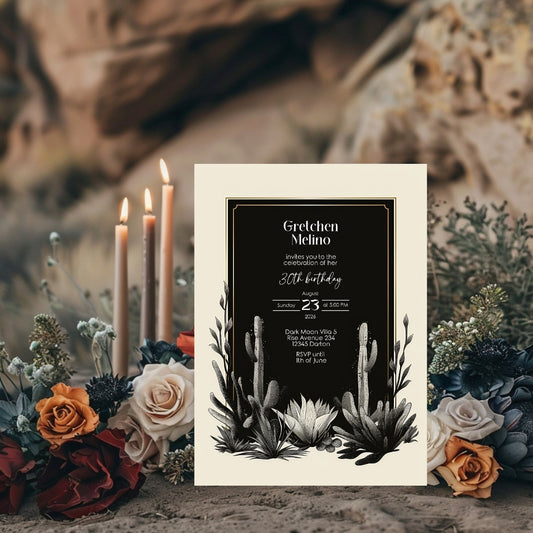 Dark Modern Desert Birthday Invitation - Black and White Minimalist Design with Cacti Motifs
