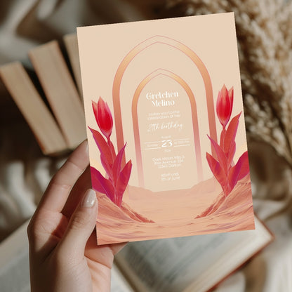 Modern Oriental Desert Birthday Invitation - Elegant Red and Pink Design with Minimalist Floral Motifs