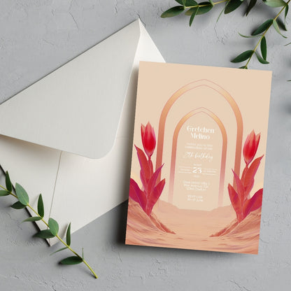 Modern Oriental Desert Birthday Invitation - Elegant Red and Pink Design with Minimalist Floral Motifs