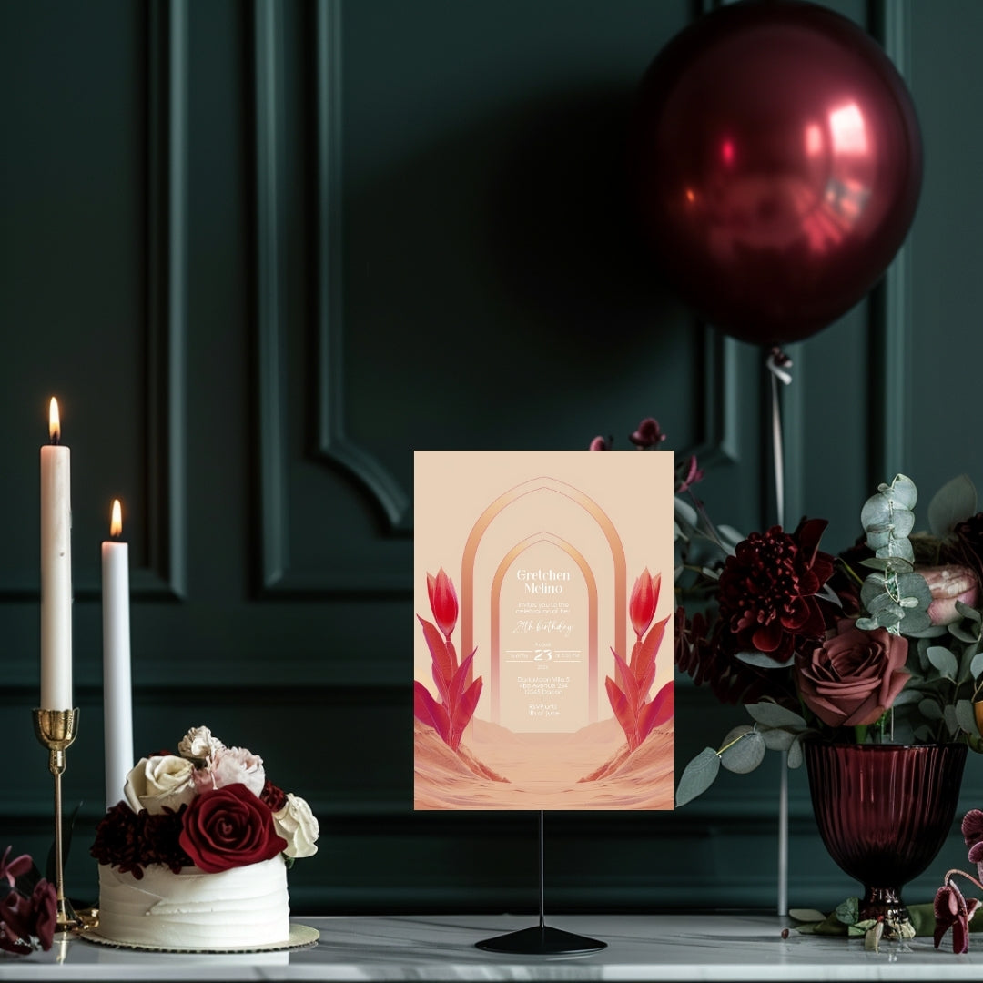 Modern Oriental Desert Birthday Invitation - Elegant Red and Pink Design with Minimalist Floral Motifs