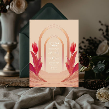 Modern Oriental Desert Birthday Invitation - Elegant Red and Pink Design with Minimalist Floral Motifs