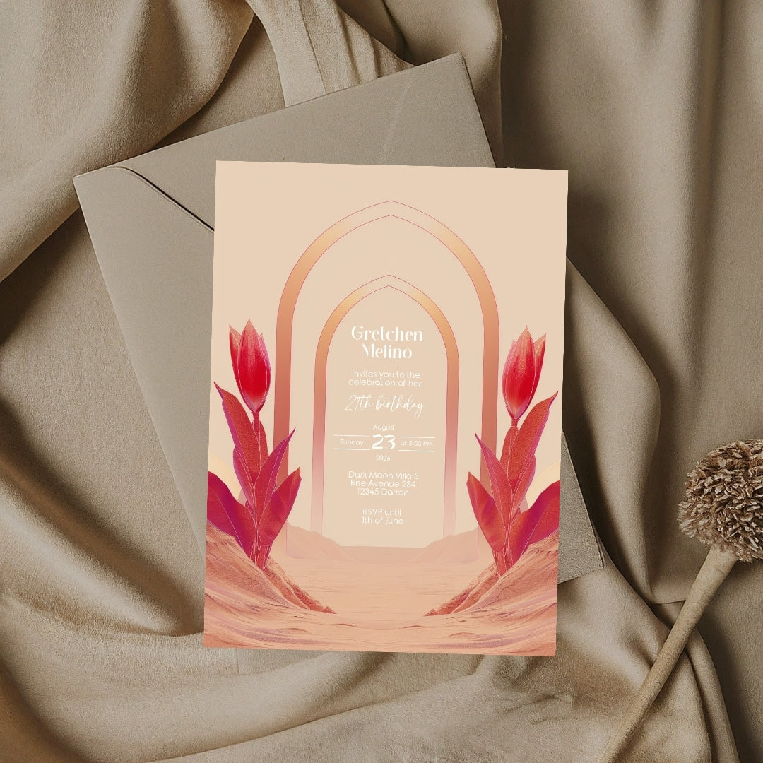 Modern Oriental Desert Birthday Invitation - Elegant Red and Pink Design with Minimalist Floral Motifs