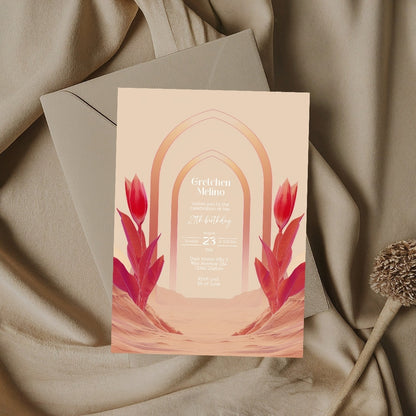 Modern Oriental Desert Birthday Invitation - Elegant Red and Pink Design with Minimalist Floral Motifs