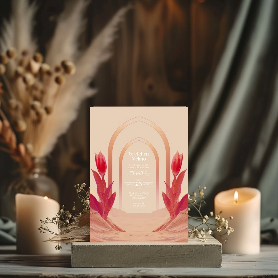 Modern Oriental Desert Birthday Invitation - Elegant Red and Pink Design with Minimalist Floral Motifs