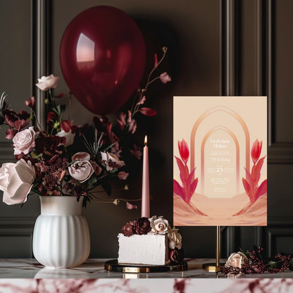 Modern Oriental Desert Birthday Invitation - Elegant Red and Pink Design with Minimalist Floral Motifs