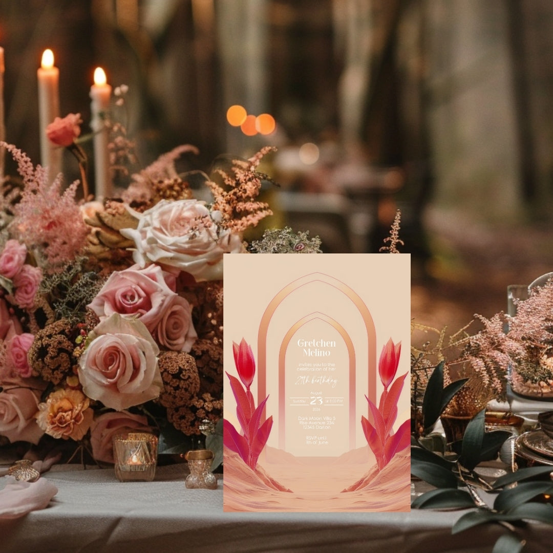 Modern Oriental Desert Birthday Invitation - Elegant Red and Pink Design with Minimalist Floral Motifs