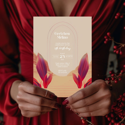 Modern Oriental Desert Birthday Invitation - Elegant Red and Purple Design with Oriental Motifs
