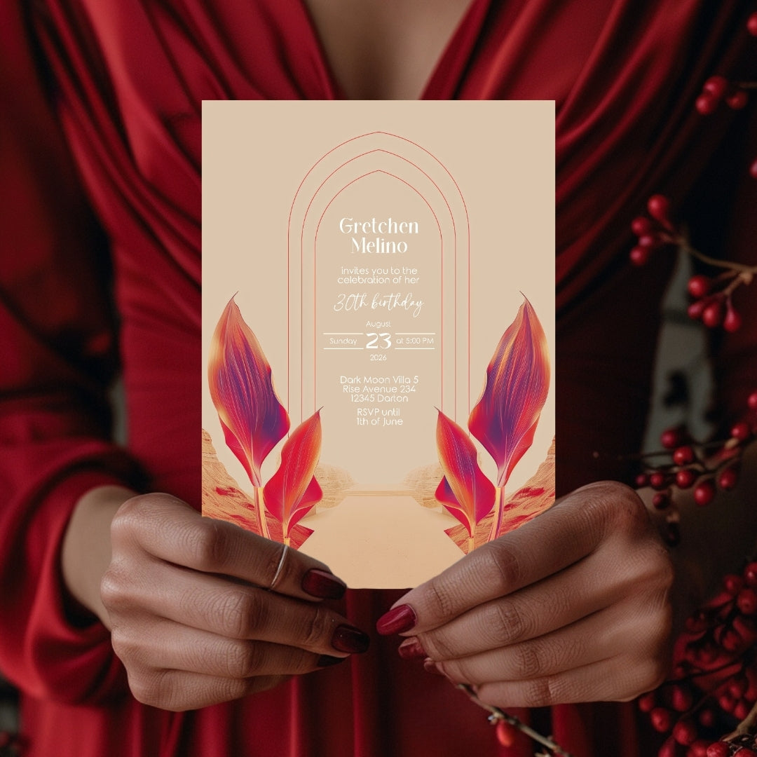 Vibrant Desert Boho Birthday Invitation - Tropical Red and Orange Design
