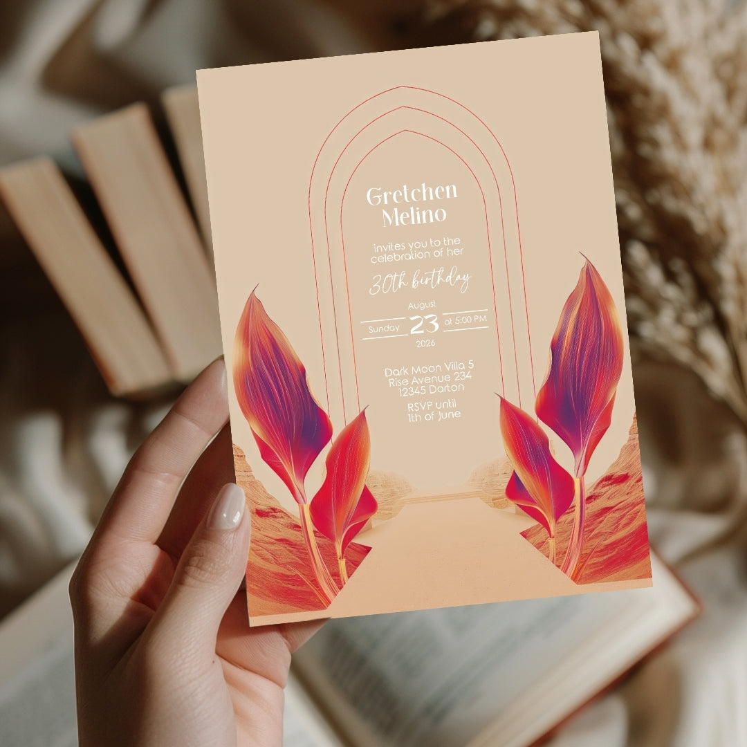 Vibrant Desert Boho Birthday Invitation - Tropical Red and Orange Design