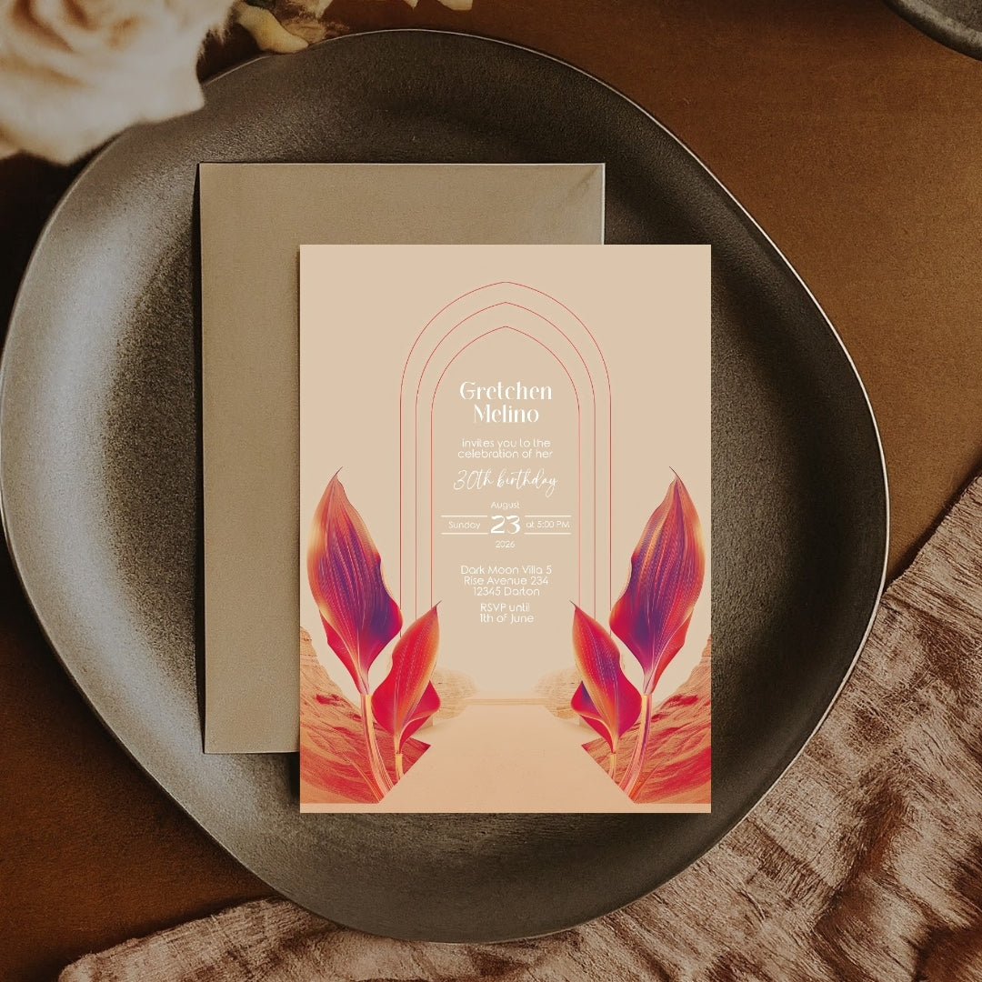 Vibrant Desert Boho Birthday Invitation - Tropical Red and Orange Design