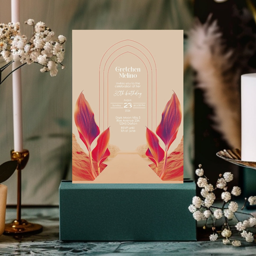 Vibrant Desert Boho Birthday Invitation - Tropical Red and Orange Design
