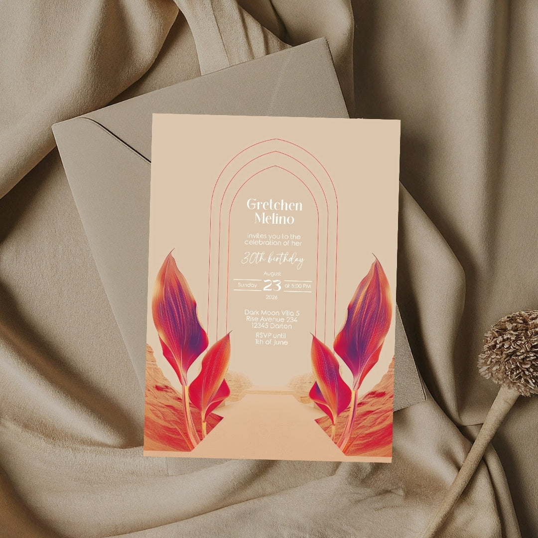 Vibrant Desert Boho Birthday Invitation - Tropical Red and Orange Design