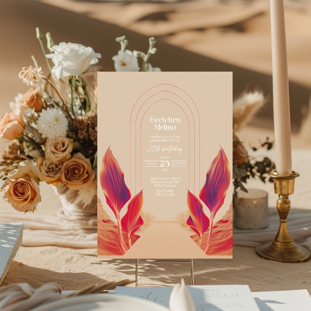 Vibrant Desert Boho Birthday Invitation - Tropical Red and Orange Design