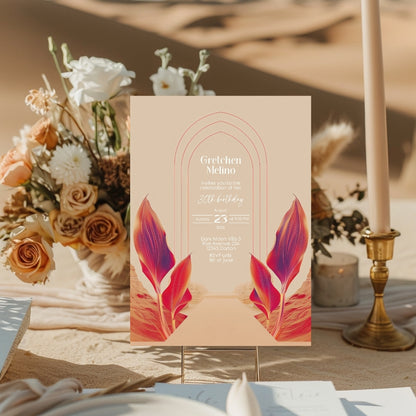 Vibrant Desert Boho Birthday Invitation - Tropical Red and Orange Design