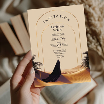 Elegant Desert Birthday Invitation - Black and Gold Design with Modern Motifs