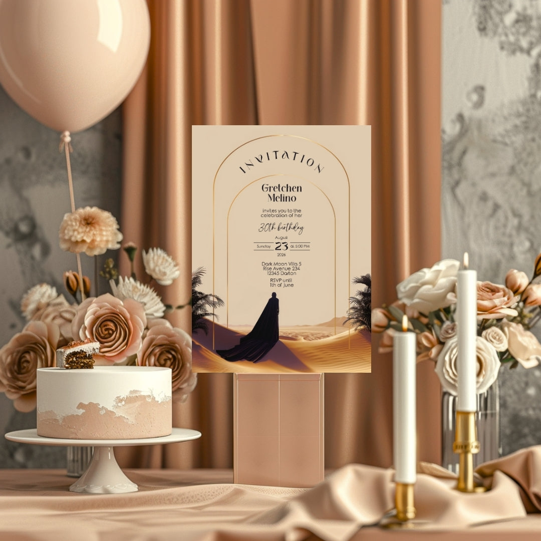 Elegant Desert Birthday Invitation - Black and Gold Design with Modern Motifs