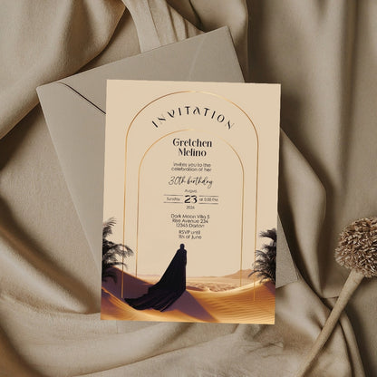 Elegant Desert Birthday Invitation - Black and Gold Design with Modern Motifs