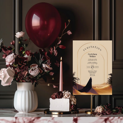 Elegant Desert Birthday Invitation - Black and Gold Design with Modern Motifs