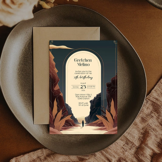 Modern Bohemian Birthday Invitation - Elegant Teal and Earthy Tones Design with Canyon Motifs