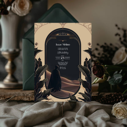 Gothic Desert Birthday Invitation - Black and Gold Elegance