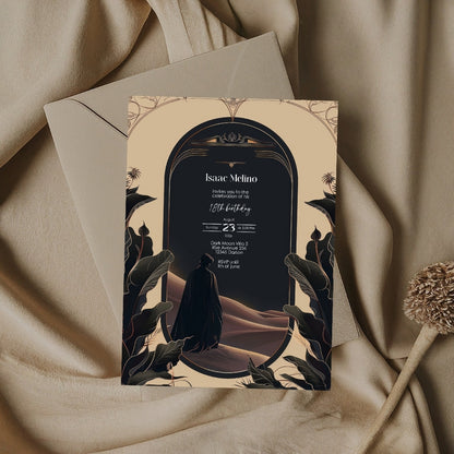 Gothic Desert Birthday Invitation - Black and Gold Elegance