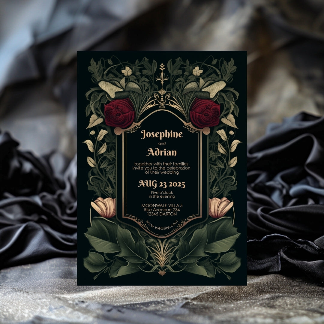 A dark-themed, floral invitation sits on a table decorated with flowers and candles, surrounded by a moody atmosphere. The names and event details are centered on the invitation.