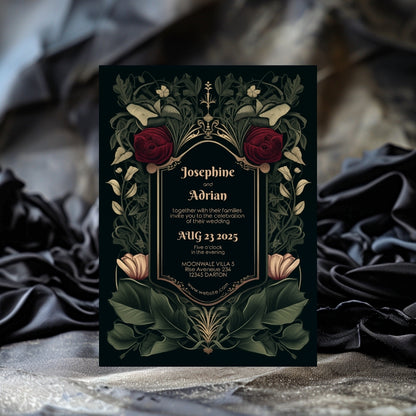 A dark-themed, floral invitation sits on a table decorated with flowers and candles, surrounded by a moody atmosphere. The names and event details are centered on the invitation.
