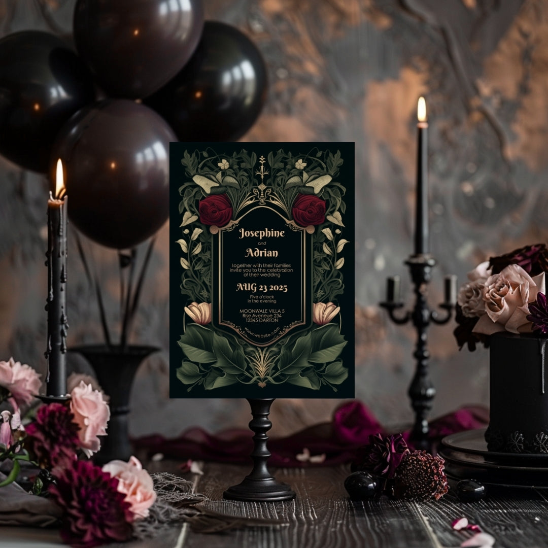 A dark, Gothic-style invitation is set on a table with candles and dark balloons. The names and event details are centered on the card, which features floral illustrations.