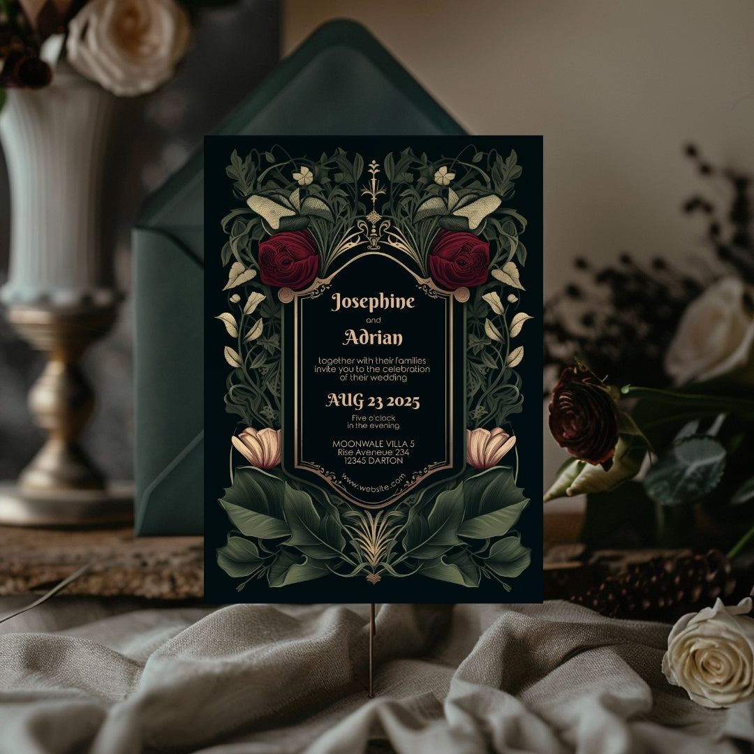 A floral invitation with dark, Gothic styling is set on a table alongside candles and a small flower arrangement. The names and event details are centered on the invitation.