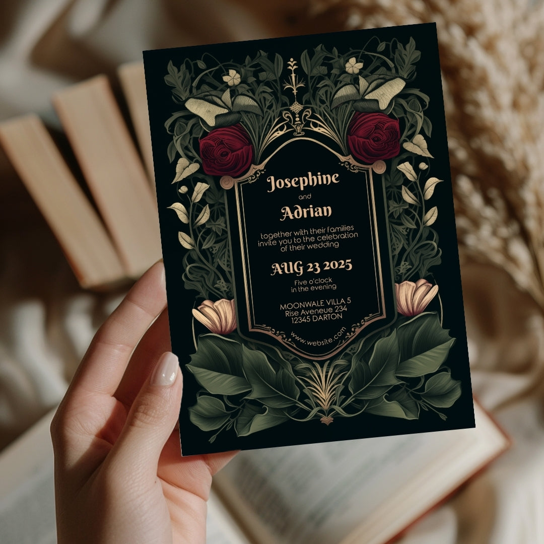 A hand holds a floral-themed invitation with intricate designs of red and white flowers. The names and event details are centered on the invitation, surrounded by greenery.
