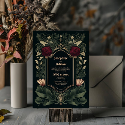 A dark, Gothic-themed invitation is presented on a table surrounded by flowers and plants. The card features vintage rose illustrations with the names and event details centered.