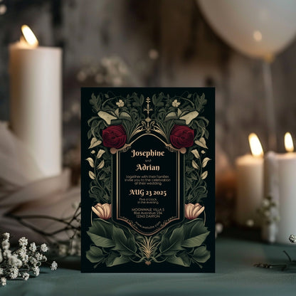 A Gothic-inspired invitation is displayed on a table with candles and soft lighting, featuring dark tones and floral elements. The names and event details are centered on the card.