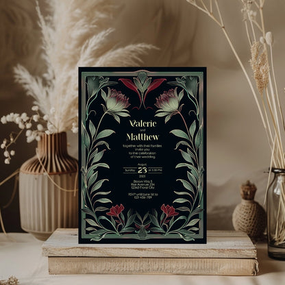 Red Floral Gothic Wedding Invitation