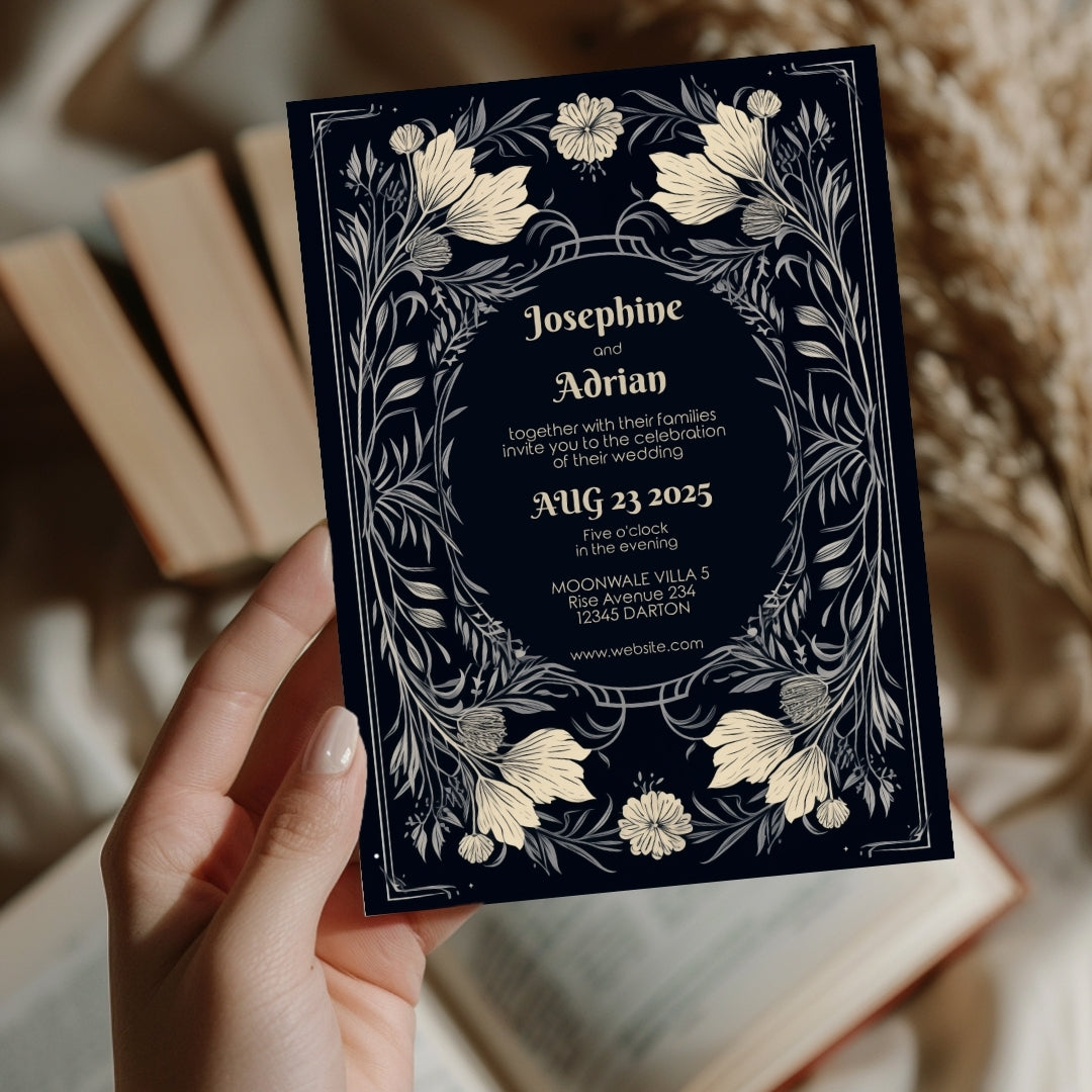 Midnight Floral Gothic Frame Wedding Invitation