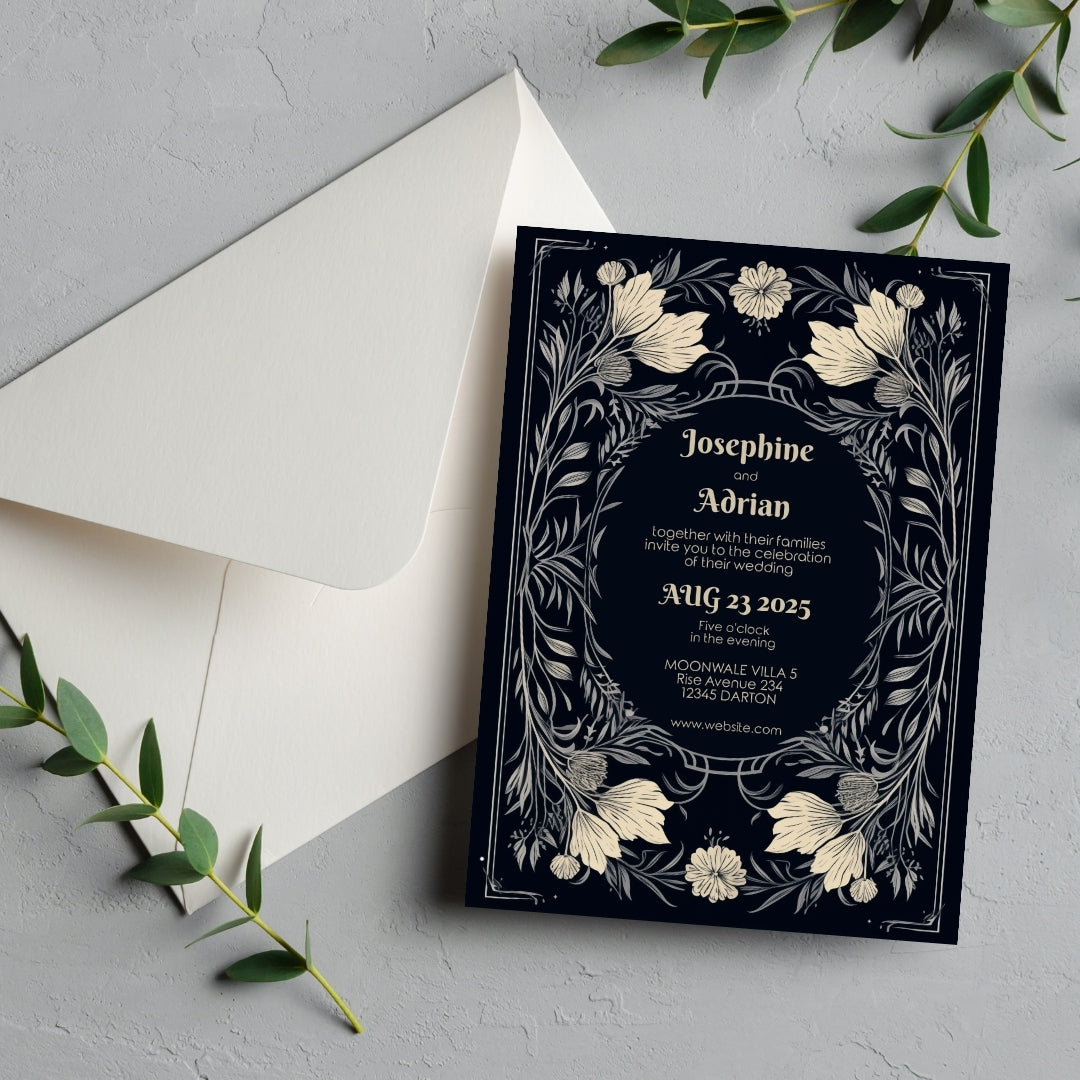 Midnight Floral Gothic Frame Wedding Invitation