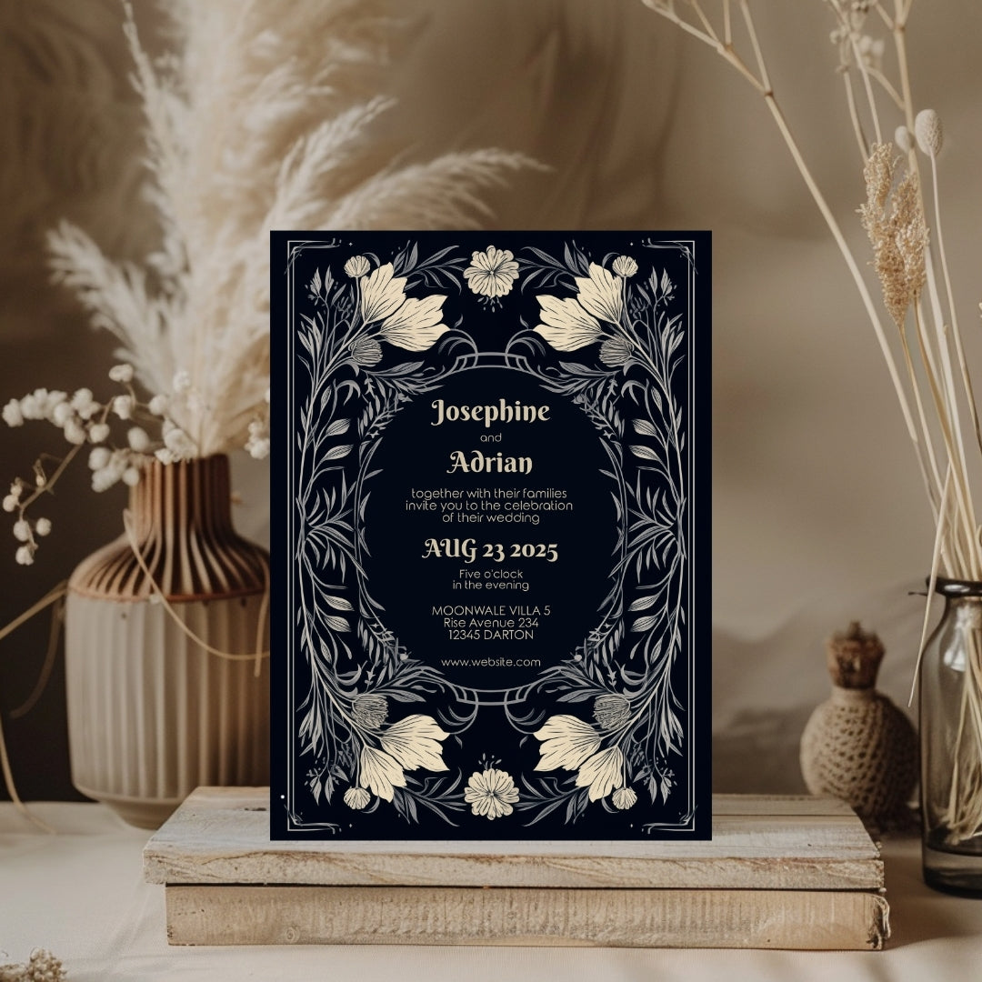 Midnight Floral Gothic Frame Wedding Invitation