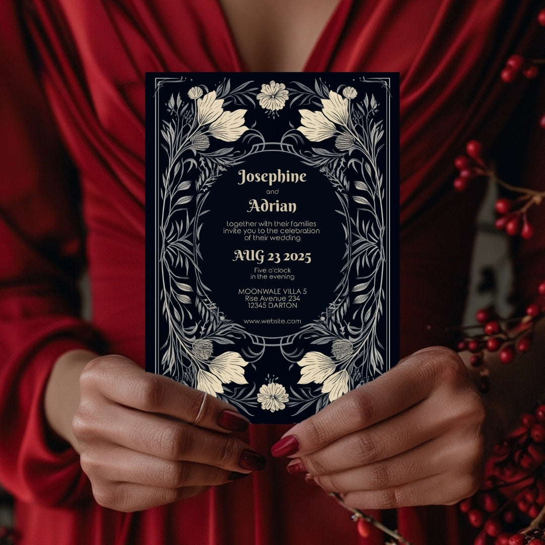 Midnight Floral Gothic Frame Wedding Invitation