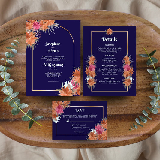 Dark Minimalist Orange Floral Wedding Invitation Set - 5x7 Invitation, 4x5 Details, 3.5.x5 RSVP