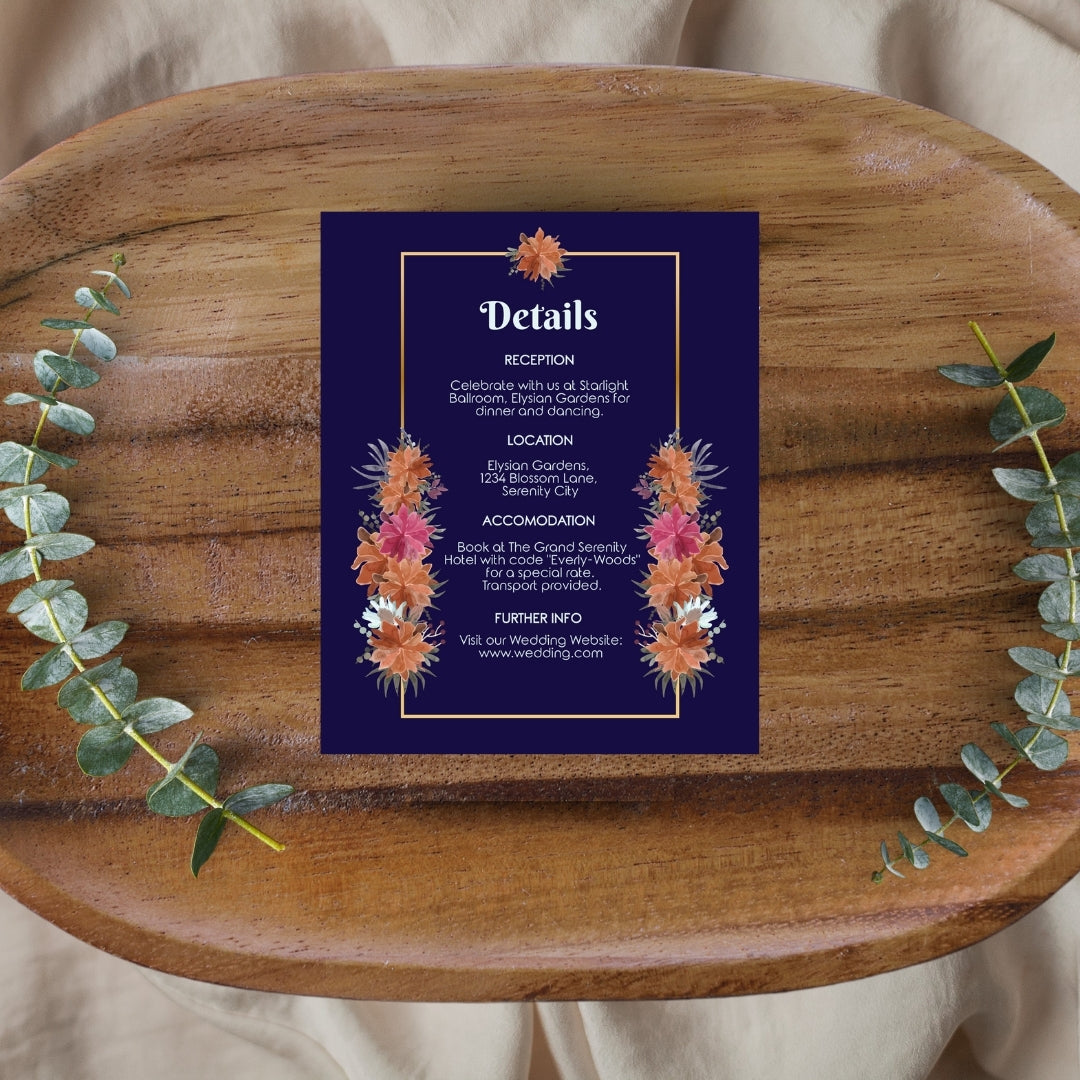 Dark Minimalist Orange Floral Wedding Invitation Set - 5x7 Invitation, 4x5 Details, 3.5.x5 RSVP
