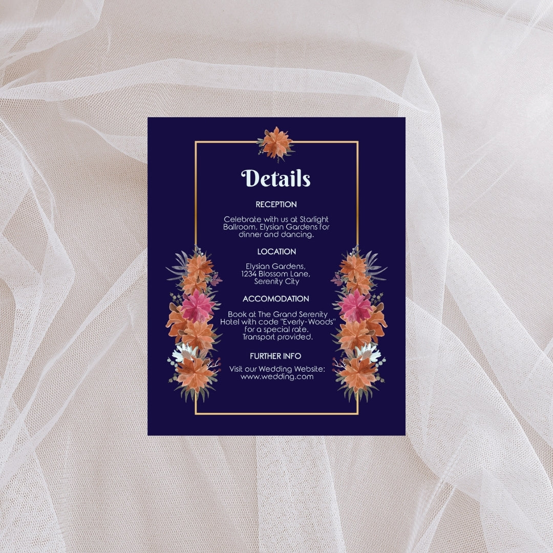 Dark Minimalist Orange Floral Wedding Invitation Set - 5x7 Invitation, 4x5 Details, 3.5.x5 RSVP
