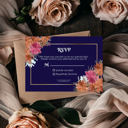 Dark Minimalist Orange Floral Wedding Invitation Set - 5x7 Invitation, 4x5 Details, 3.5.x5 RSVP