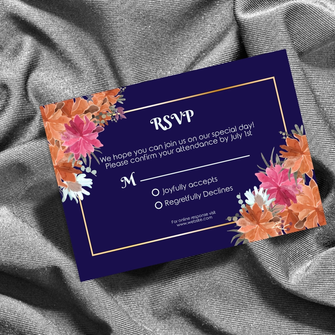 Dark Minimalist Orange Floral Wedding Invitation Set - 5x7 Invitation, 4x5 Details, 3.5.x5 RSVP